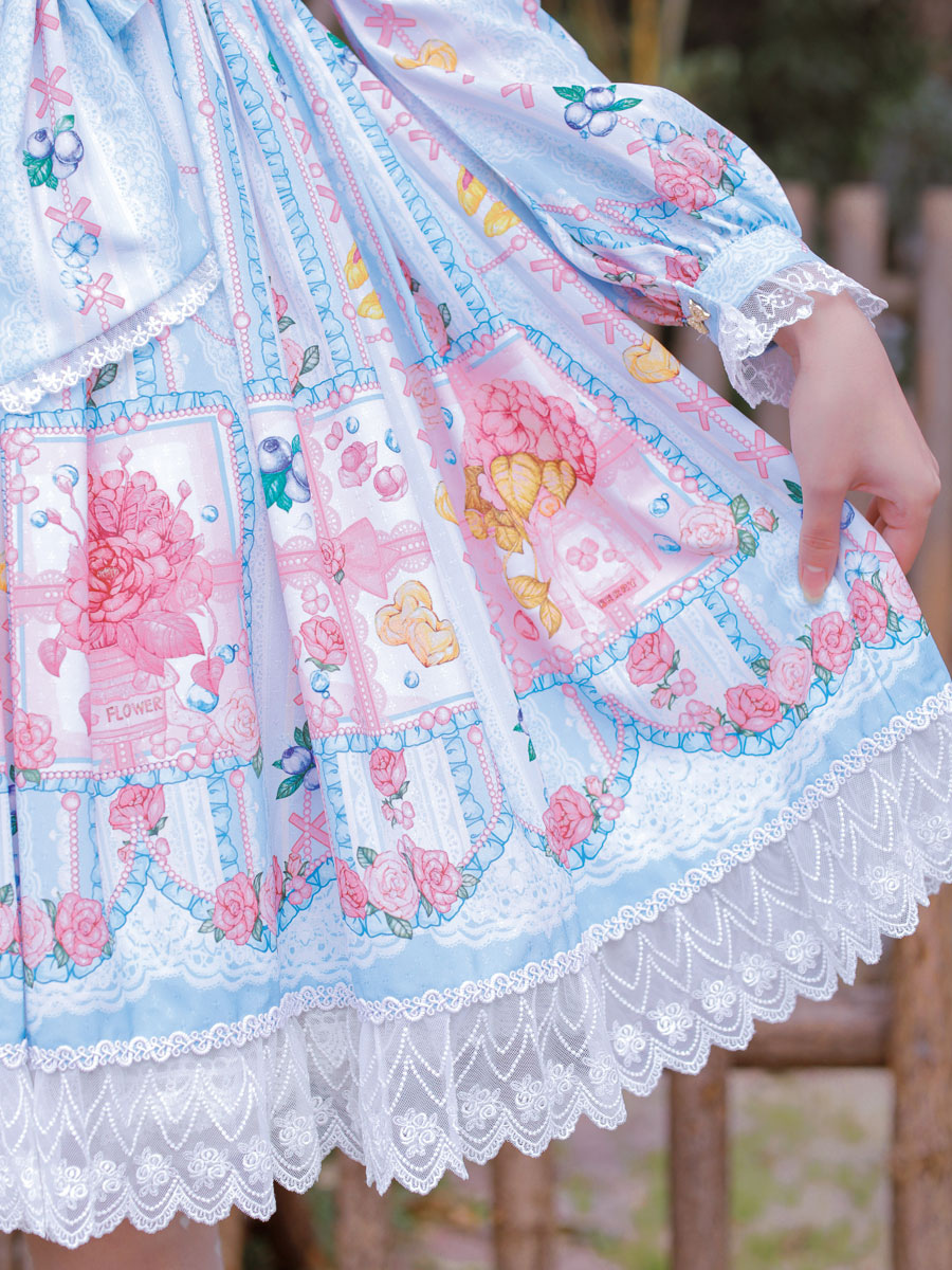 Sweet Lolita Op Dress Blueberry Print Bows Lace Long Sleeves Lolita One Piece Dresses Milanoo Com