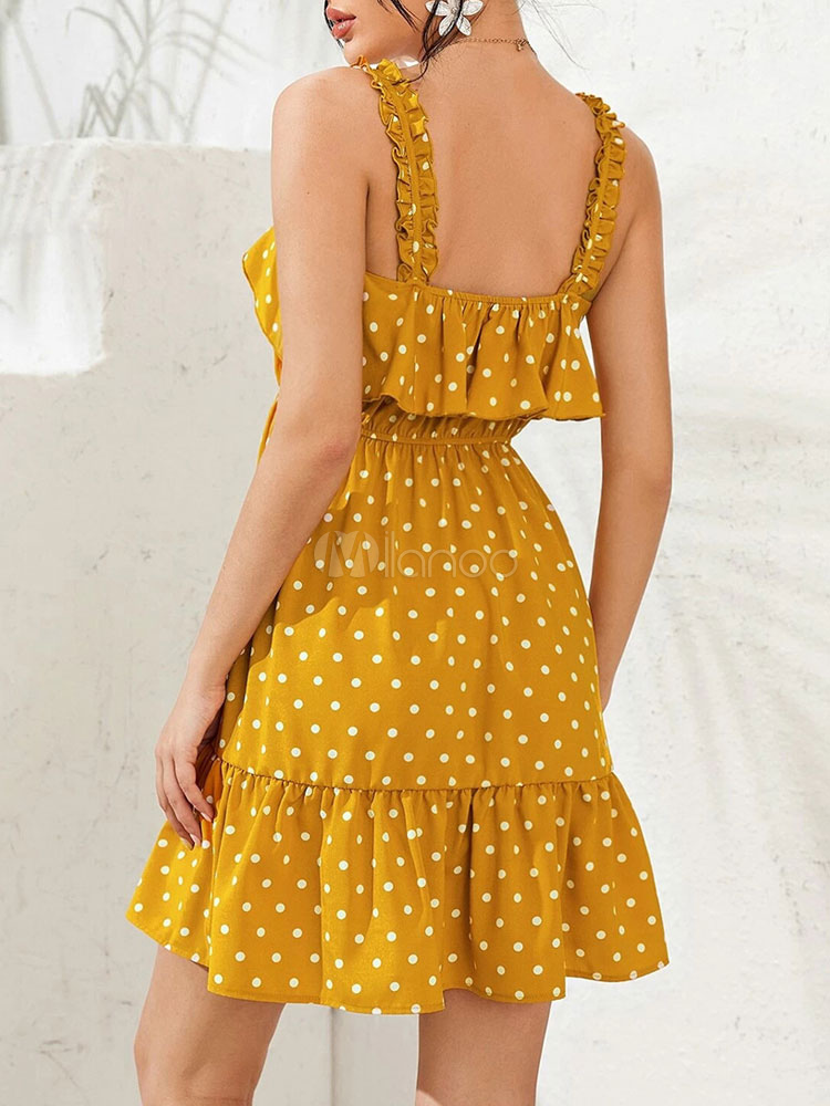 Yellow Summer Dress Polka Dot Short Beach Dress