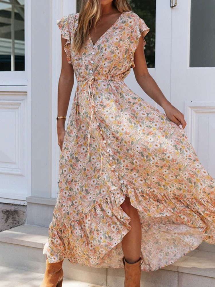 Moda Mujer Vestidos | Vestidos largos Mangas cortas Vestido de verano de gasa con cuello en V estampado floral - QM05018