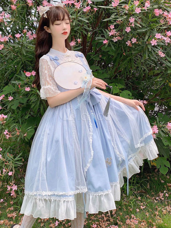 Chinese Style Lolita OP Dress Blue Bows Embroidered Fake Two Piece ...