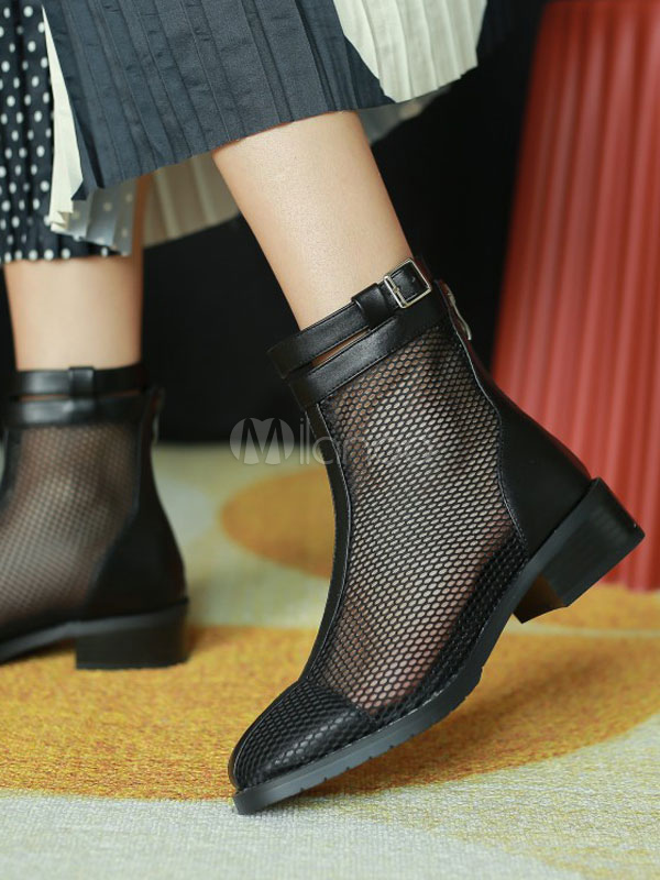 Black Summer Boots Women Round Toe Zipper Ankle Boots - Milanoo.com