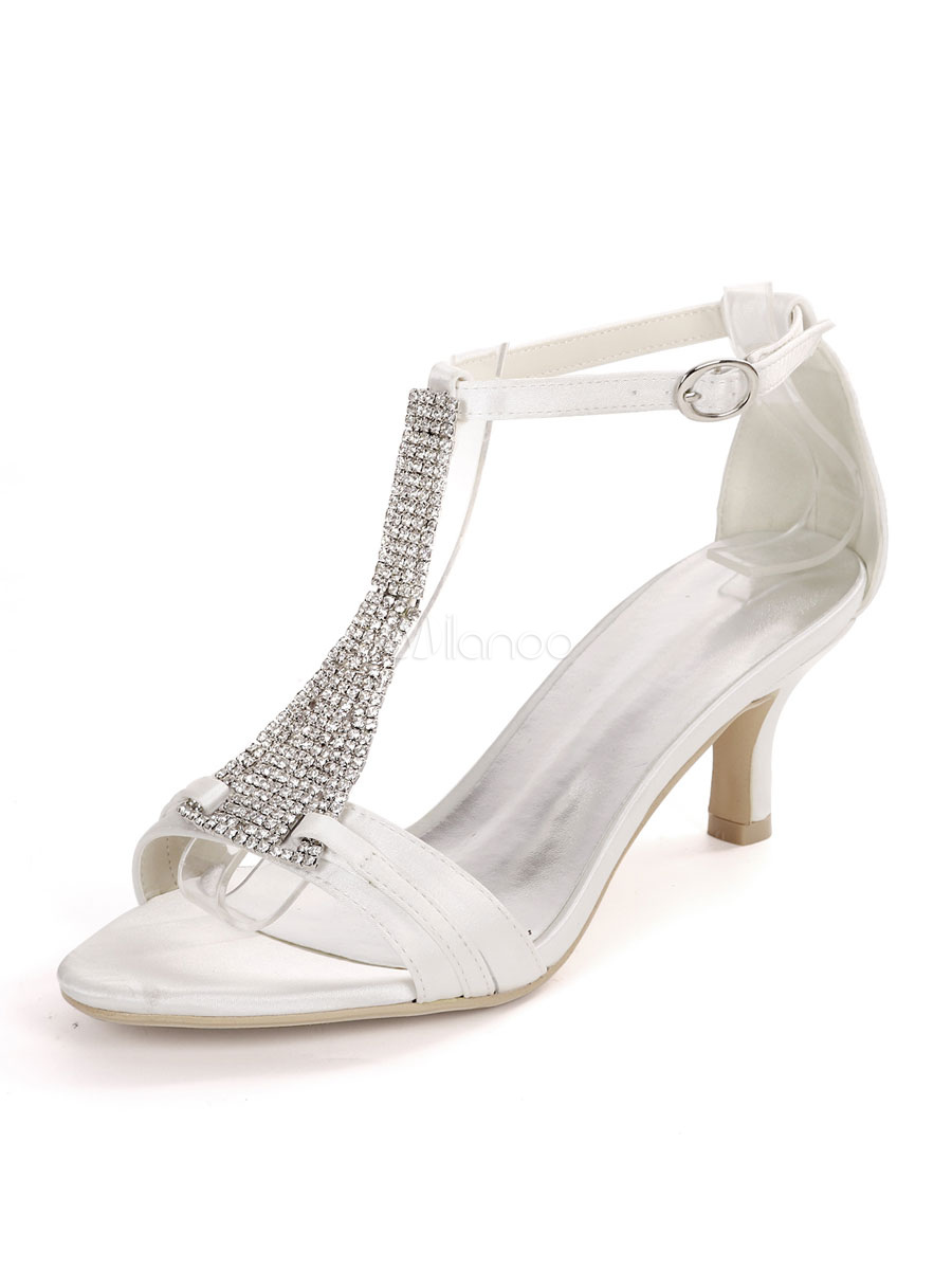 Ivory Wedding Shoes Satin Open Toe Rhinestones Kitten Heel Bridal Shoes ...