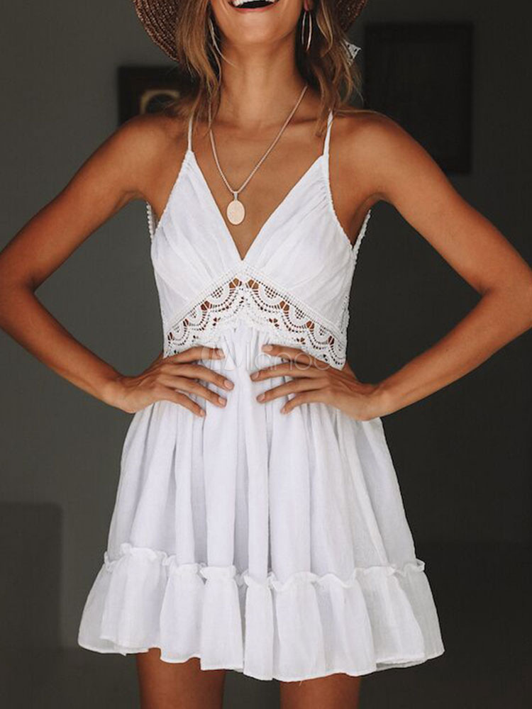 Boho Summer Dress Lace White Strapy Neck Short Beach Dress - Milanoo.Com