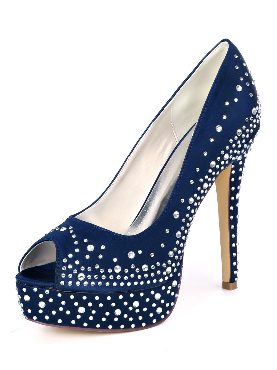 Zapatos de Fiesta | Zapatos de novia de raso Diamantes de imitación azul profundo Peep Toe Peep Toe Tacón de aguja Zapatos de novia - QR31594