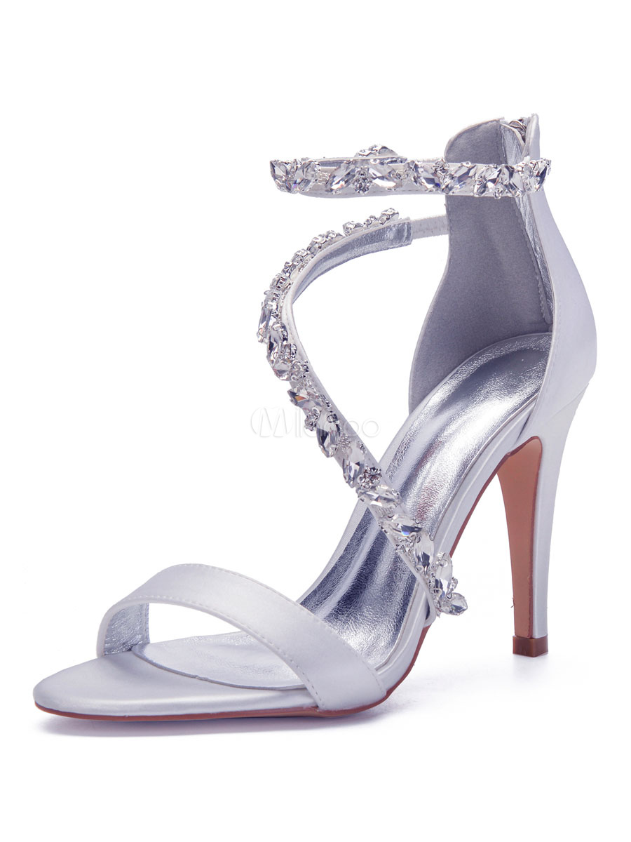 Ivory Wedding Shoes Satin Rhinestones Open Toe Stiletto Heel Bridal ...