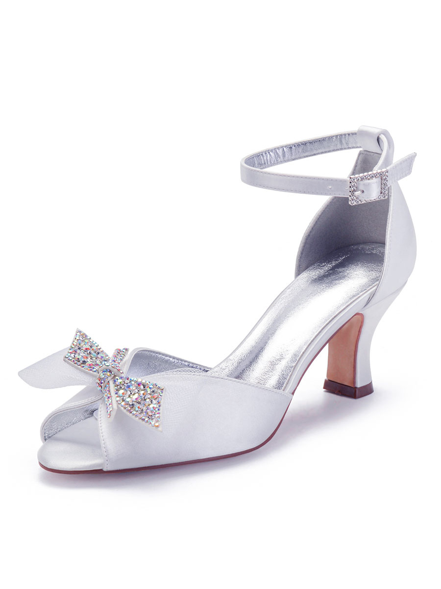 Shoes Occasion Shoes | Women's Bridal Shoes Rhinestone Bow Ankle Strap Kitten Chunky Heel - NR03023