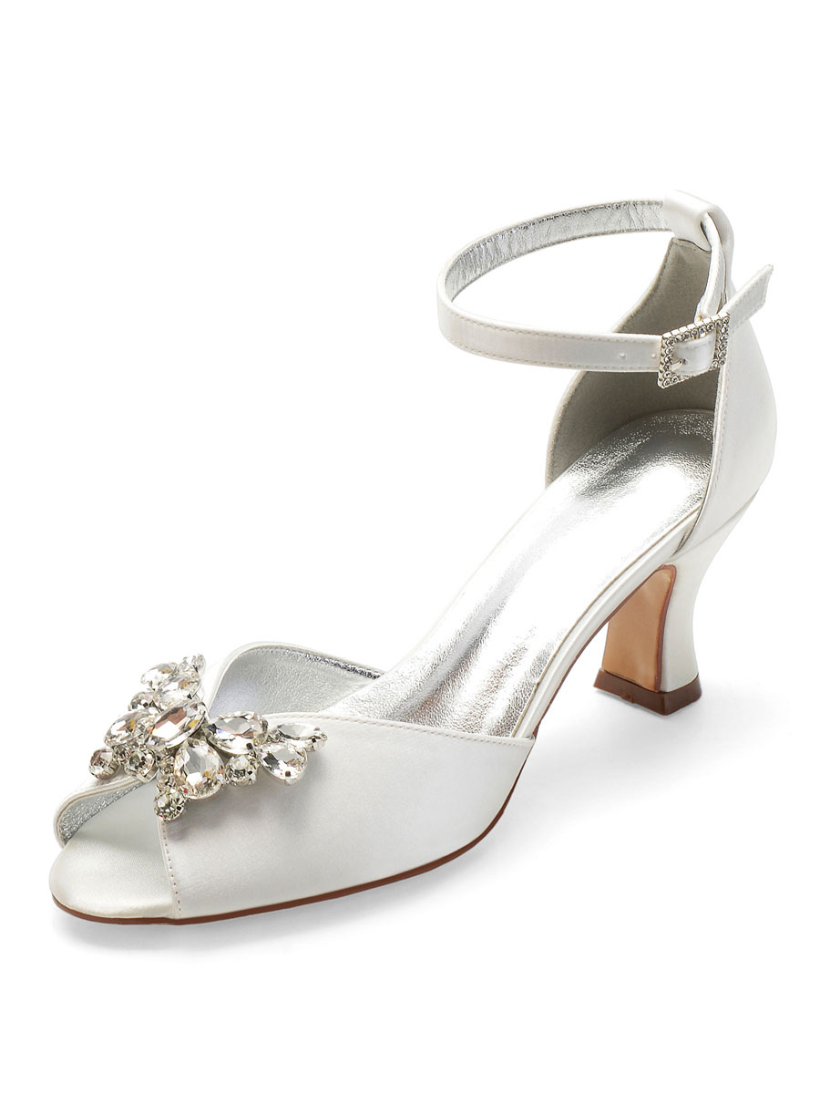 Zapatos de Fiesta | Marfil Zapatos de novia Satén Peep Toe Diamantes de imitación Chunky Tacón Zapatos de novia - GC93288