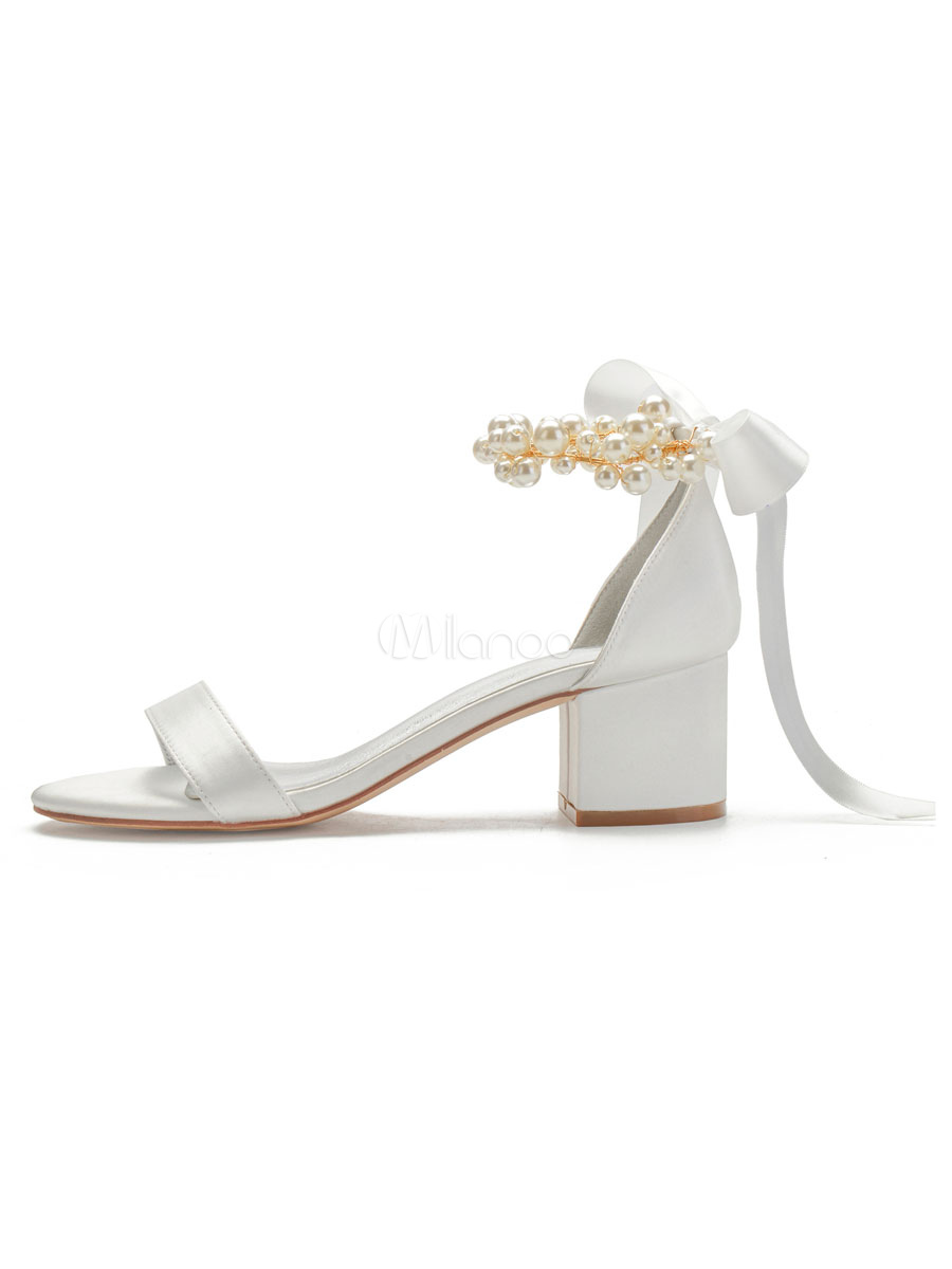 Ivory Wedding Shoes Satin Open Toe Pearls Bows Chunky Heel Bridal Shoes ...