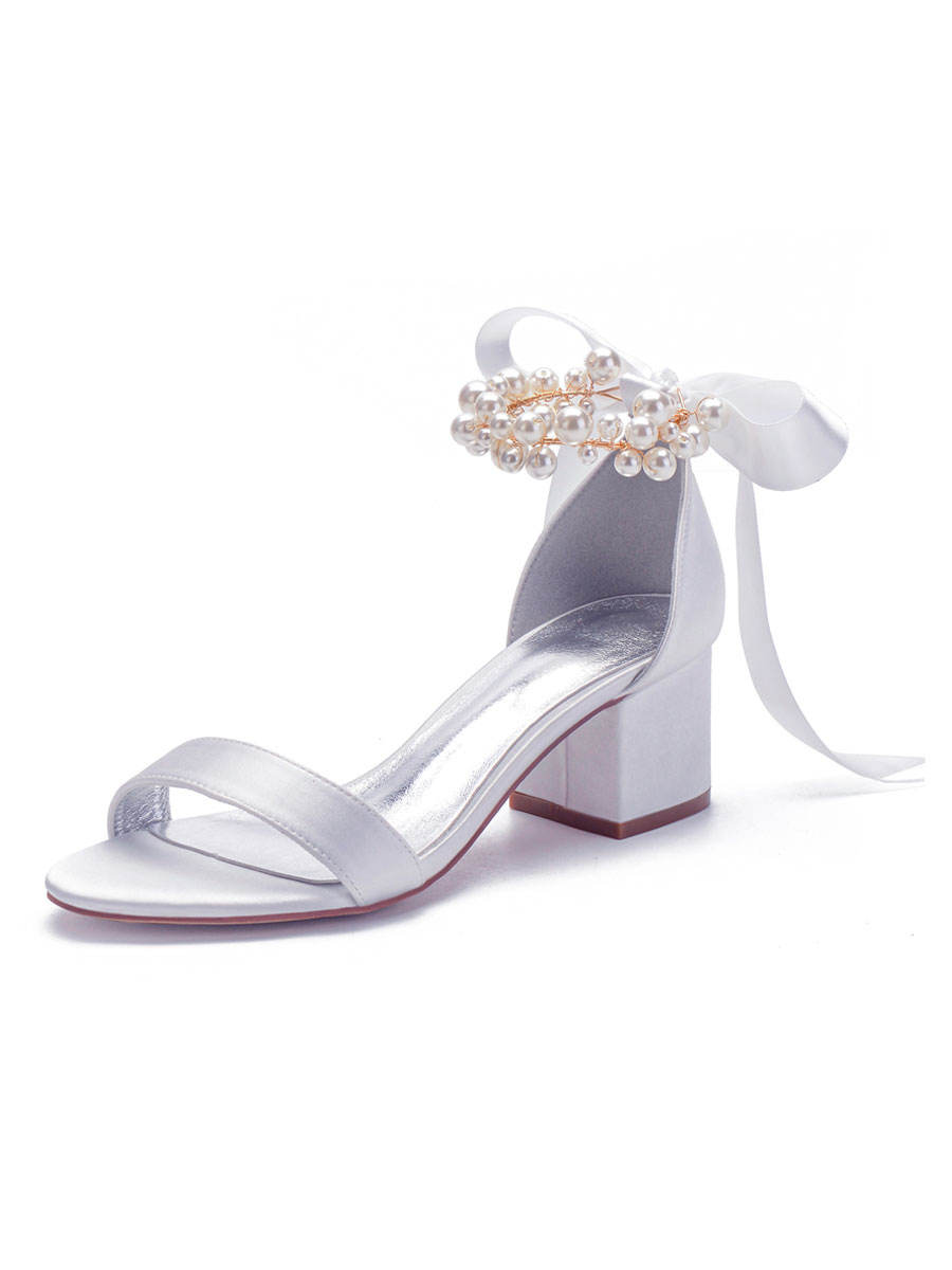 Ivory Wedding Shoes Satin Open Toe Pearls Bows Chunky Heel Bridal Shoes ...