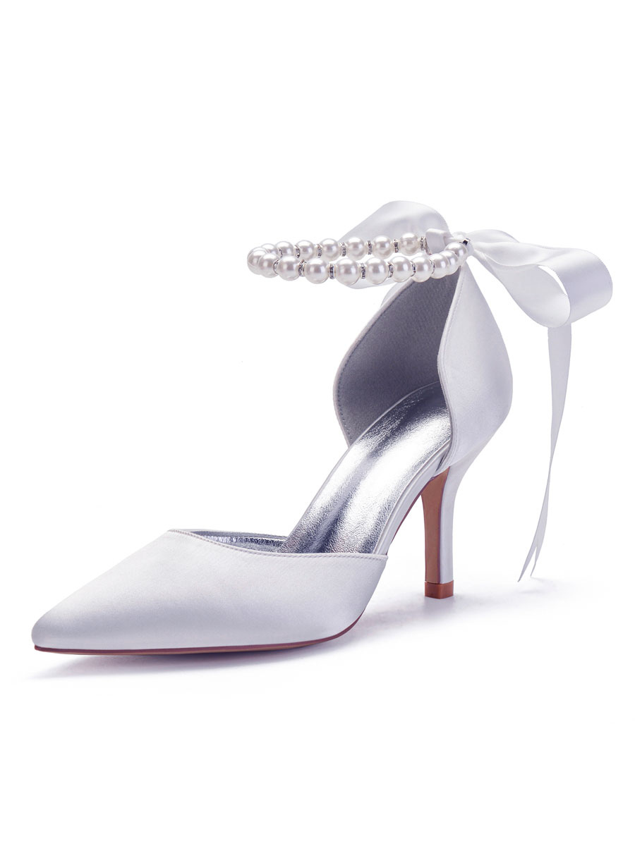 Shoes Occasion Shoes | Women's Pearls Ankle Strap Lace Up Bridal Heels - AO28353