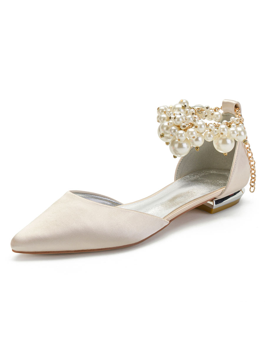 Zapatos de Fiesta | Zapatos de boda de champán Perlas de punta puntiaguda de satén Zapatos de novia planos - VM26918