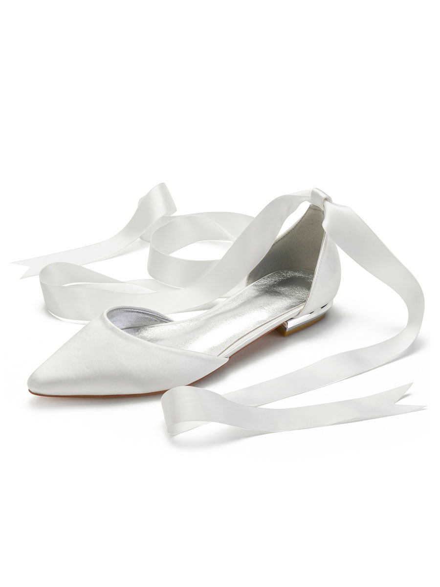 Zapatos de Fiesta | Zapatos de boda de marfil Zapatos de novia planos con punta de raso con cordones Zapatos de novia - NZ47047
