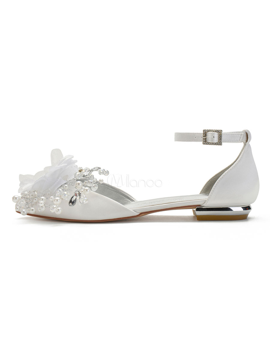 Ivory Wedding Shoes Satin Pointed Toe Rhinestones Flat Bridal Shoes ...