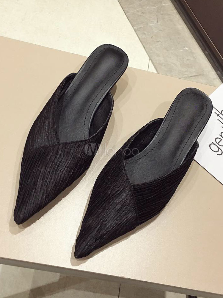 Kitten Heel Mules Satin Black Pointed Toe Slip On Slide Shoes - Milanoo.com