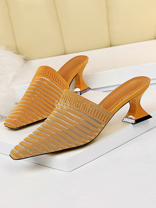 Women Mules White Pointed Toe Mid Heel Slip On Slide Shoes