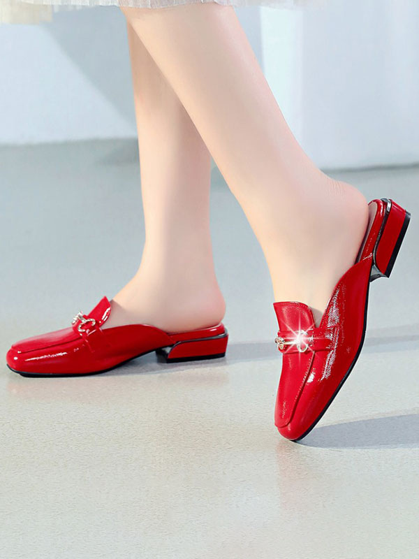 Women Red Mules Leather Square Toe Slip 