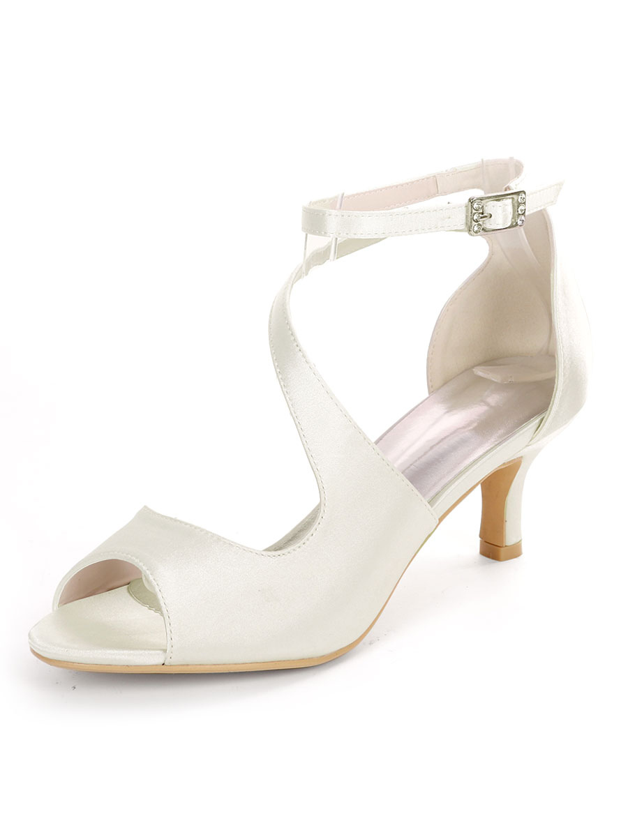 Zapatos de Fiesta | Zapatos de novia de marfil Zapatos de novia de satén con punta abierta Tacón de gatito - YH60185