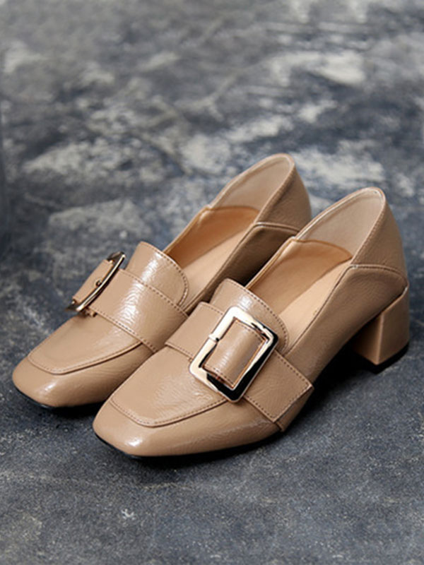 Block Heel Loafers Black Leather Square Toe Buckle Slip On Shoes ...