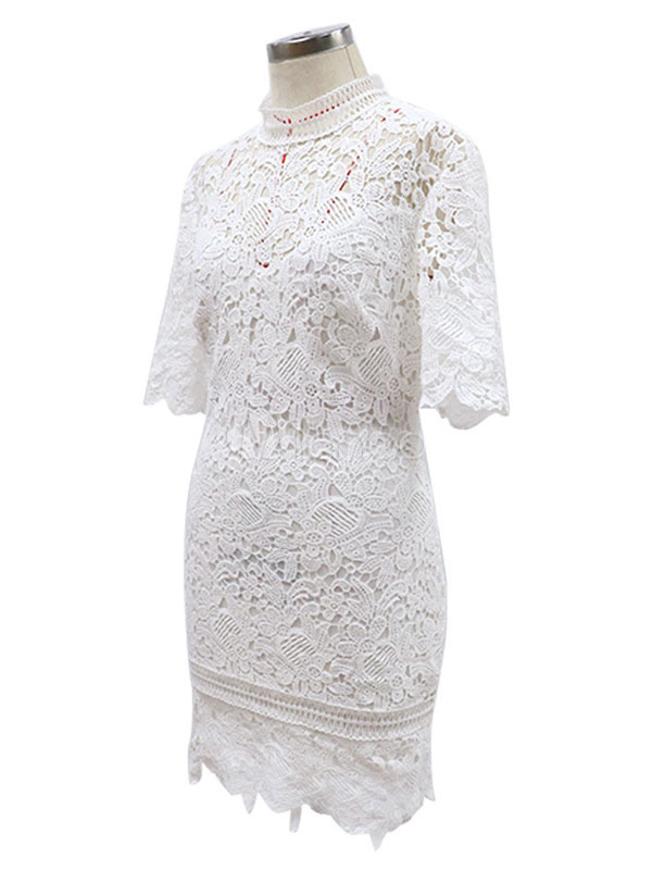 White Lace Dresses Women Jewel Neck Short Sleeves Short Bodycon Dress ...