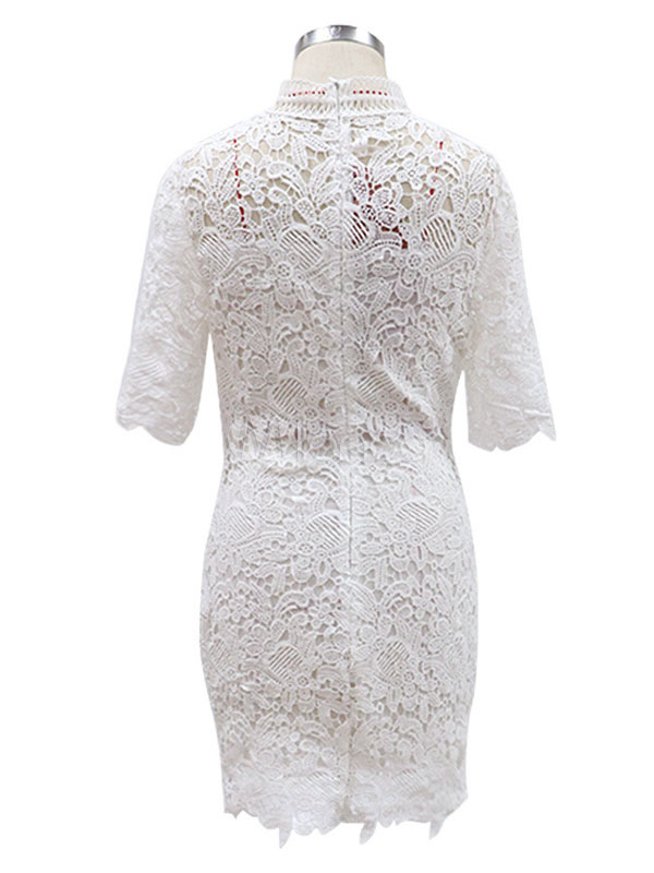 White Lace Dresses Women Jewel Neck Short Sleeves Short Bodycon Dress ...