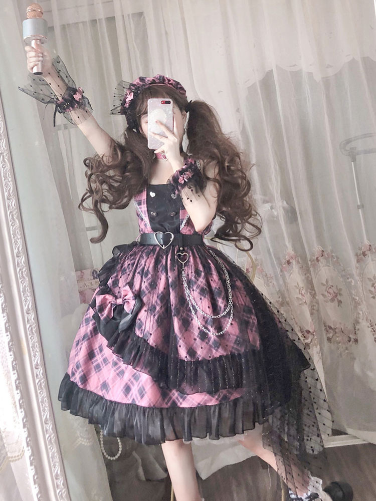 Robe Lolita JSK Rose Plaid Nœuds Volants Jupes Lolita Pull