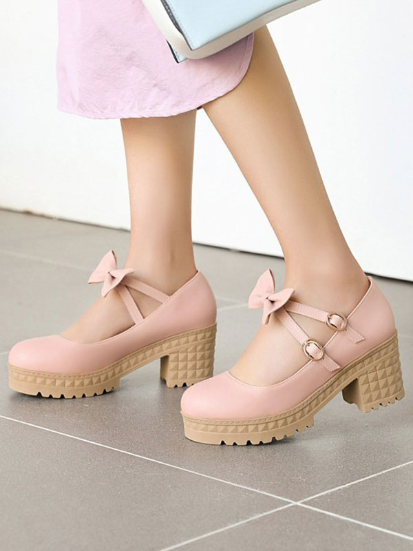 Costumes Lolita | Sweet Lolita Footwear Bows Platform Chunky Heel Round Toe Lolita Pumps - YE41812