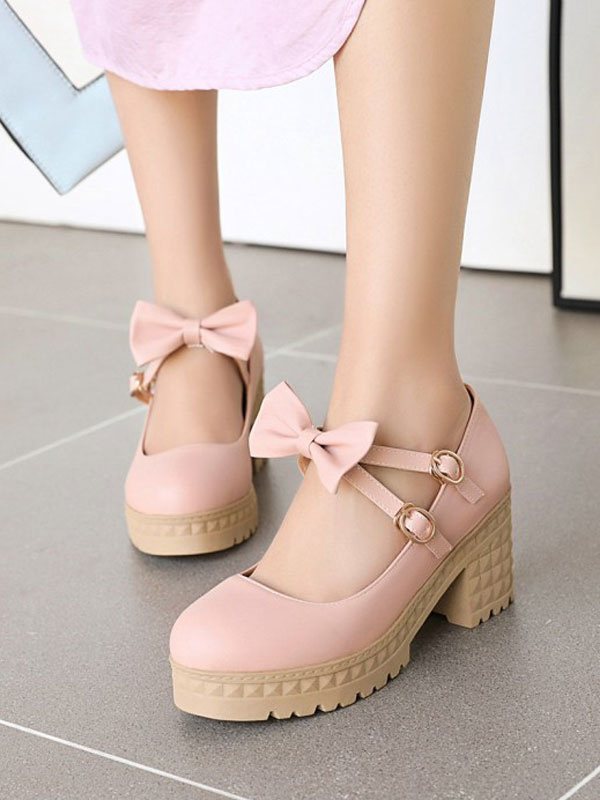 Costumes Lolita | Sweet Lolita Footwear Bows Platform Chunky Heel Round Toe Lolita Pumps - YE41812