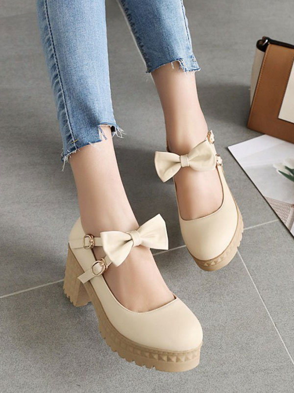 Costumes Lolita | Sweet Lolita Footwear Bows Platform Chunky Heel Round Toe Lolita Pumps - YE41812