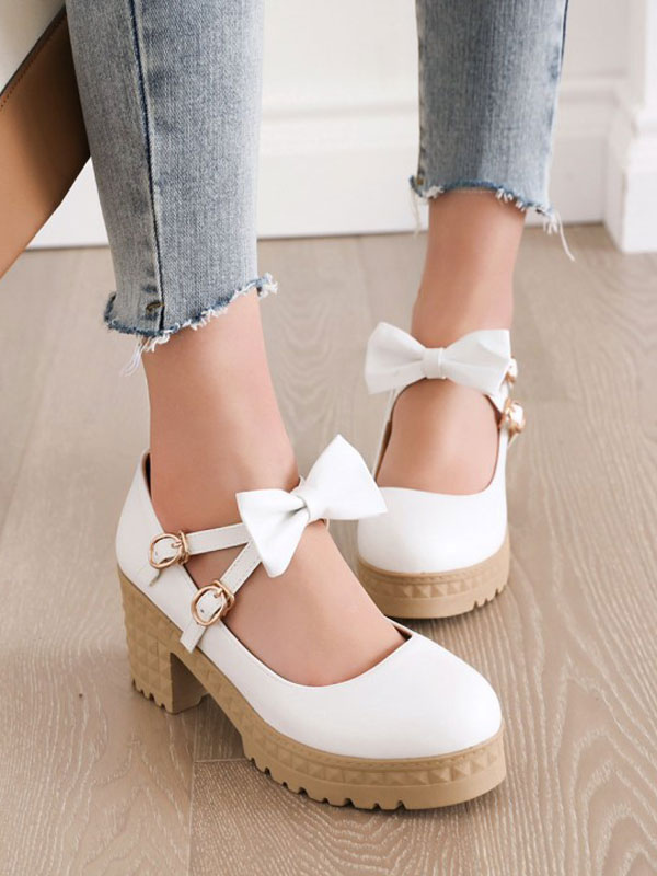 Costumes Lolita | Sweet Lolita Footwear Bows Platform Chunky Heel Round Toe Lolita Pumps - YE41812