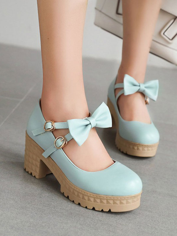 Costumes Lolita | Sweet Lolita Footwear Bows Platform Chunky Heel Round Toe Lolita Pumps - YE41812