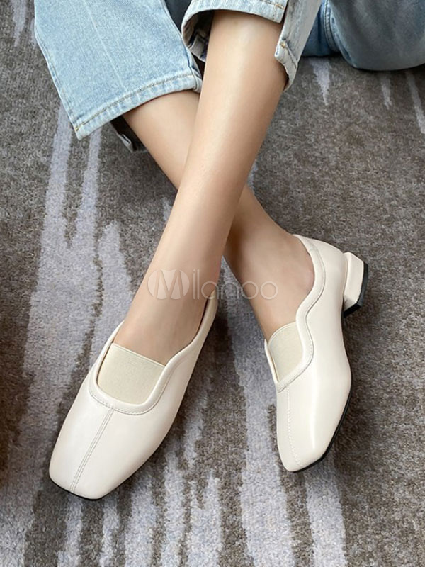Women White Loafers Leather Loafers Square Toe Slip On Casual Shoes ...