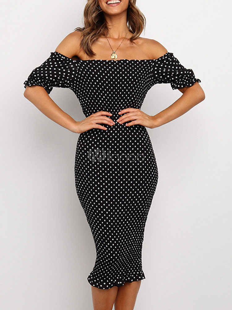 Robes moulantes à pois blanc col bateau décontracté manches courtes robe crayon