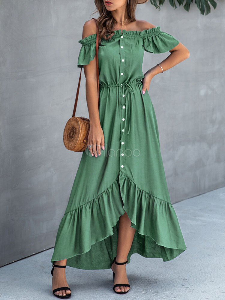 Summer Dress Green Solid Color Bateau Neck Chiffon Beach Dress ...