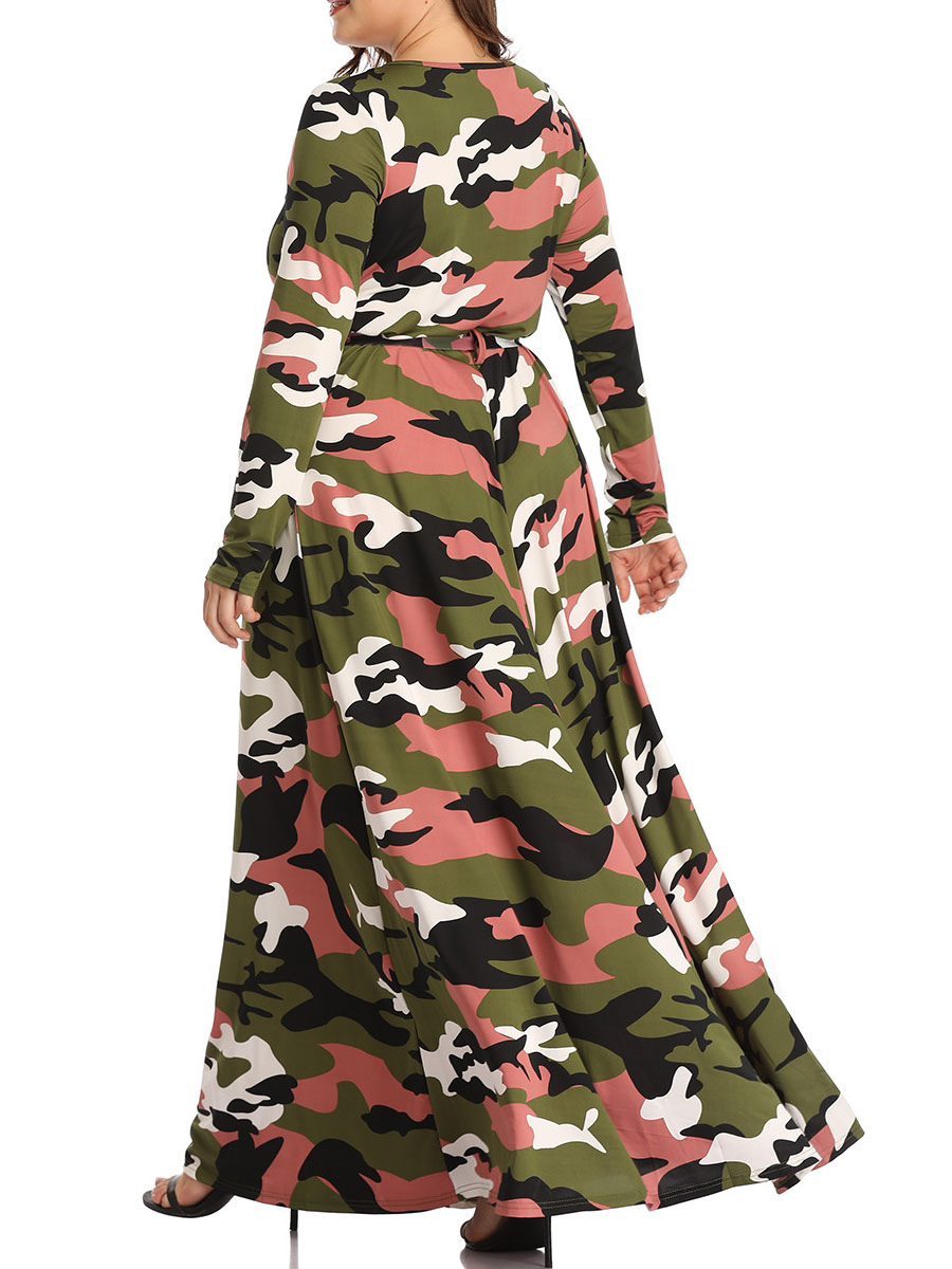 Plus Size Maxi Dress Camo Long Sleeve Dress - Milanoo.com