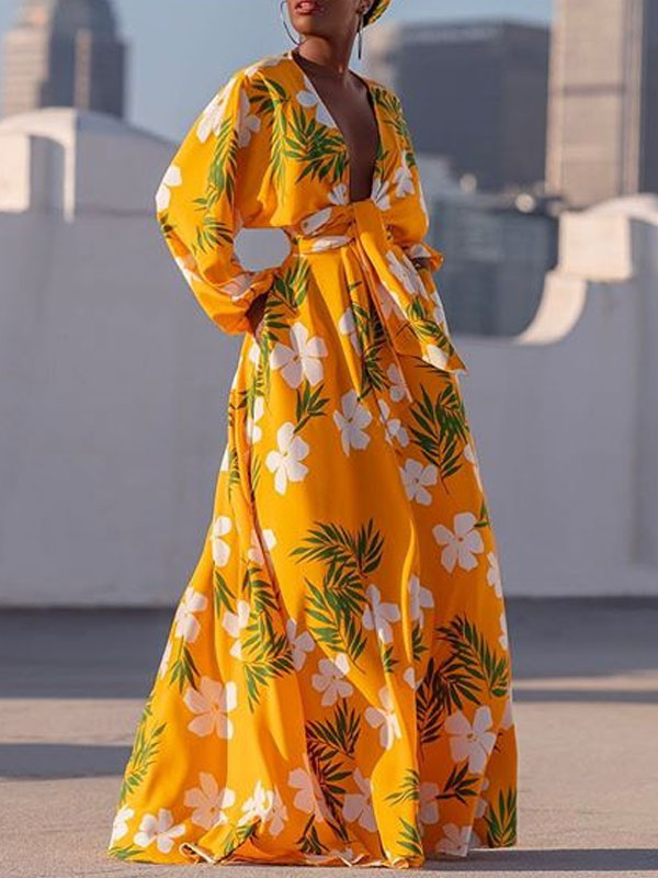 Mode Femme Robes | Robes Longues Etés Imprimés robe fleurie Femmes Décontractés à Col Décolleté en V avec Manches Longues Amples Coupe Cintrée à Lacets Bas Evasée Multicolores - SD38839