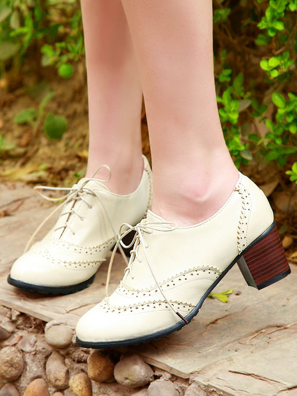White Oxford Shoes Women Round Toe Lace 