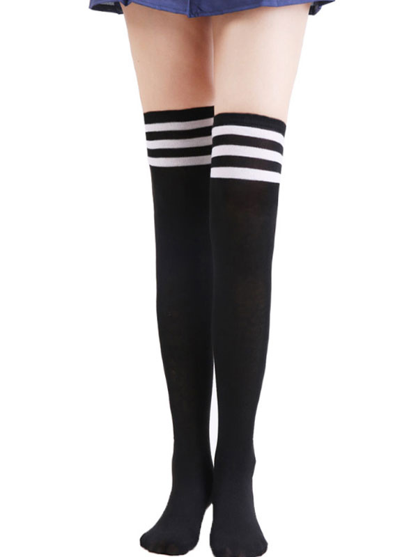 Women White Stockings Striped Long Thigh High Socks - Milanoo.com