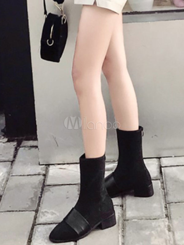 女性の足首のブーツ弾性黒丸いつま先フラットショートブーツ Milanoo Jp