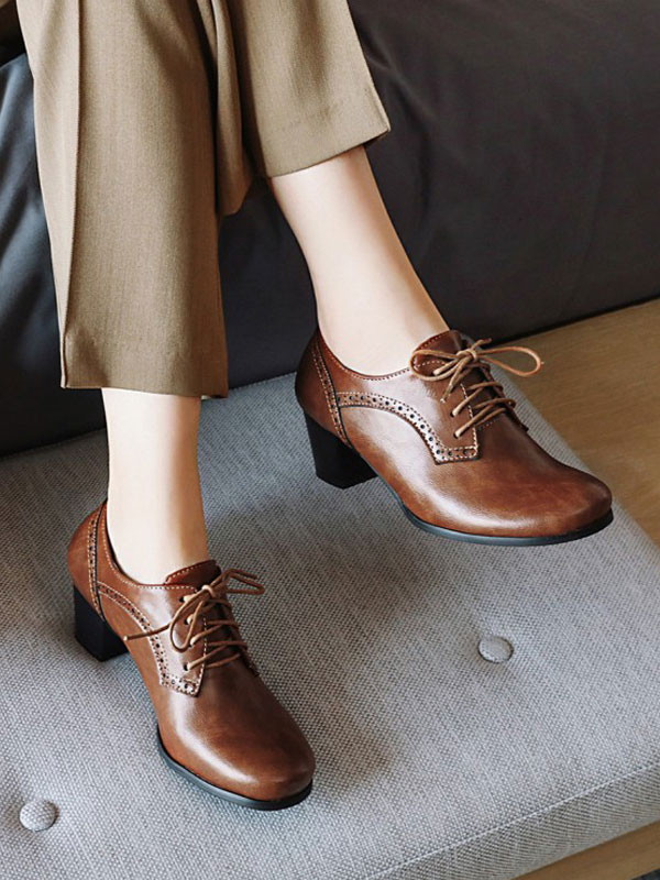 Zapatos Oxford de tacón cuadrado con cordones y punta redonda para mujer - Milanoo.com