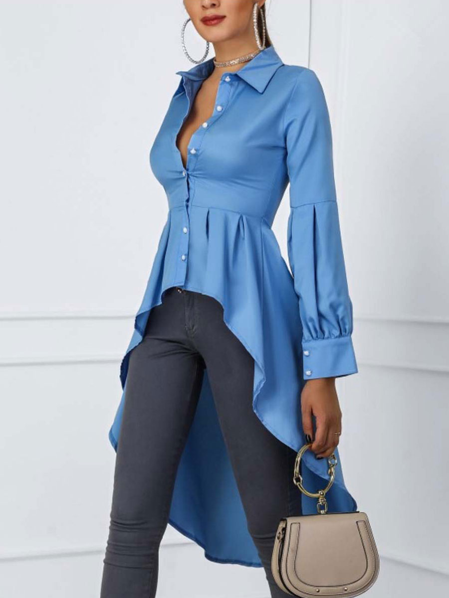 Moda Mujer Tops | Camisa casual para mujer Camisa azul con cuello descubierta Blusa con volantes irregulares de manga larga - OX22131
