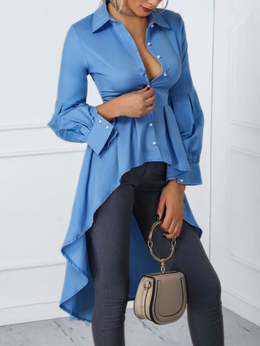 Moda Mujer Tops | Camisa casual para mujer Camisa azul con cuello descubierta Blusa con volantes irregulares de manga larga - OX22131