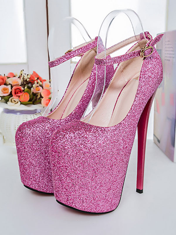 Women Sexy High Heels Pink Square Toe Sequined Ankle Strap Stiletto ...