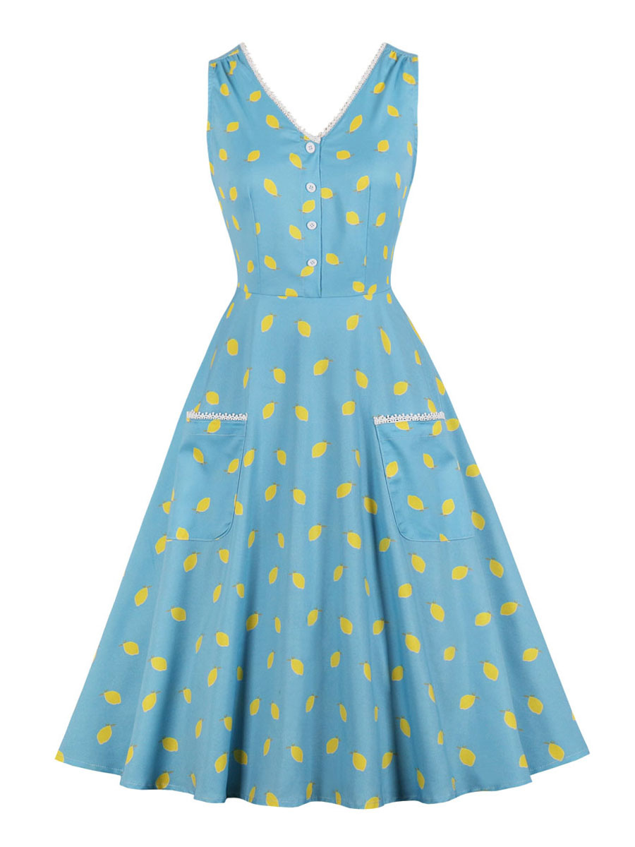 Moda Mujer Vestidos | Vestido vintage Botones a capas sin mangas con cuello en V celeste claro de los años 50 Vestido sin mangas - AH05570