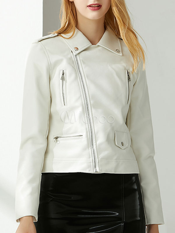 Women Motorcycle Jackets White Turndown Collar Long Sleeve Zip Up Short