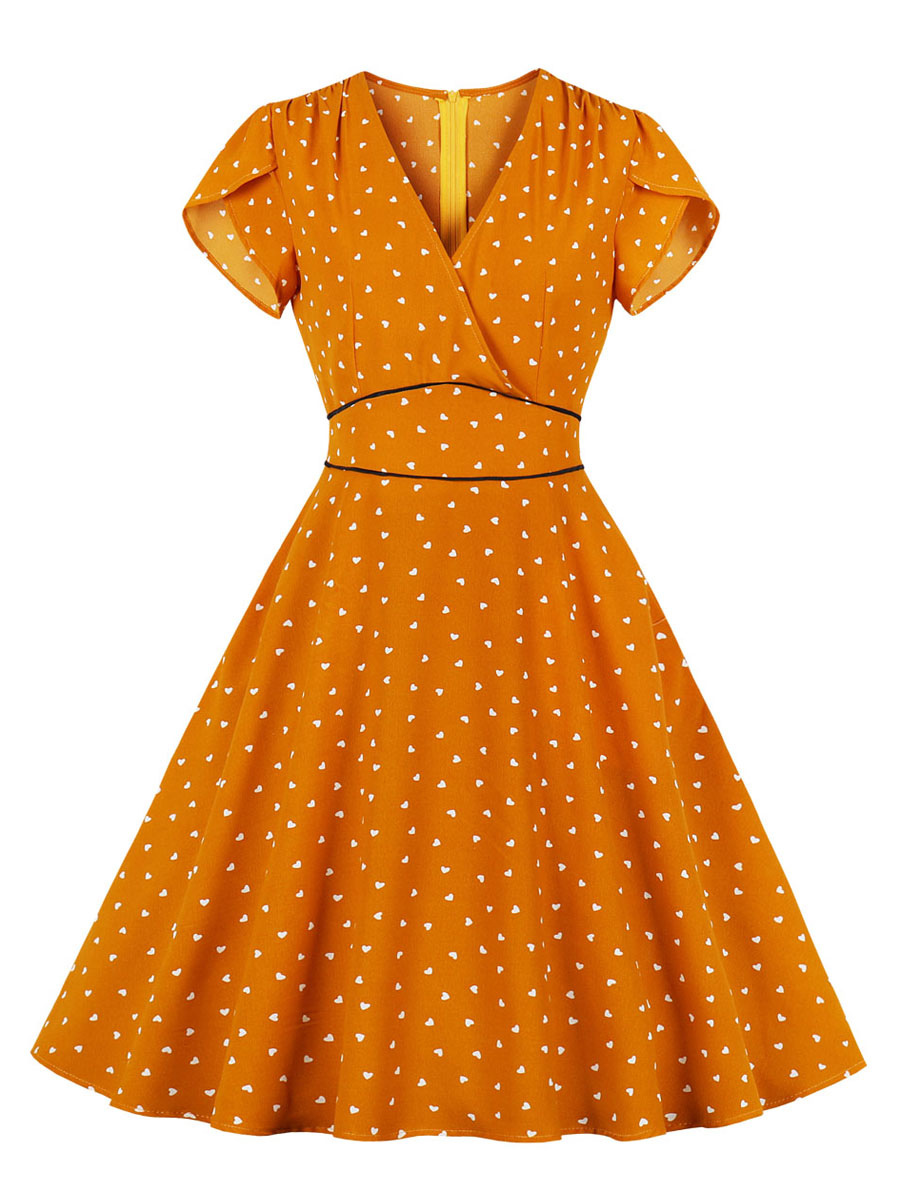 Mode Femme Robes | Robes de Vintages 1950s Femmes Courtes Imprimés avec Manches Courtes à Col V Coupe Cintrée Bas Evasée Cousu Bicolores Robes Rétros - XT03945