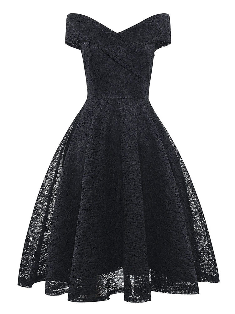 Women's Clothing Dresses | Lace Dresses Dark Navy V-Neck Sleeveless Open Shoulder Lace Hollow Out Retro Wrap Dresses - ST82939