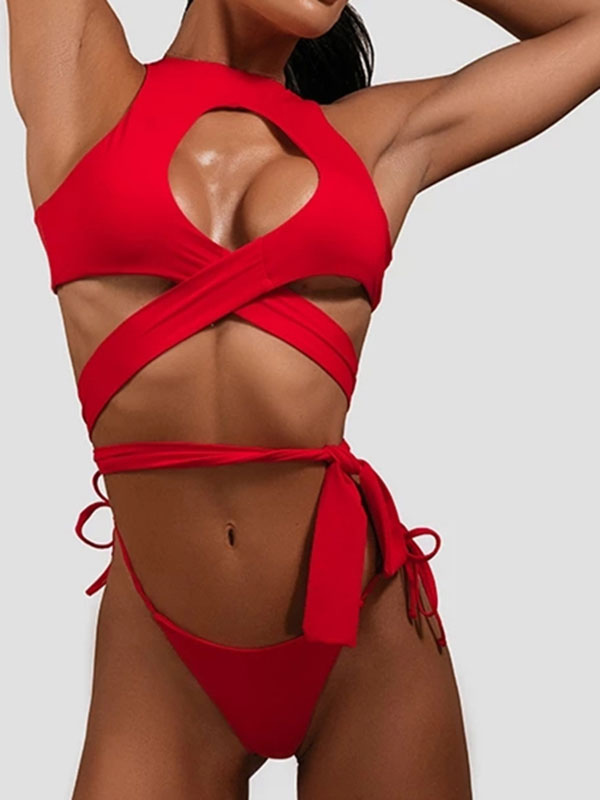 Women's Clothing Swimsuits & Cover-Ups | Two Piece Swimsuits Red Strap Neck Cut Out Summer Beach Swimwear - RP32366