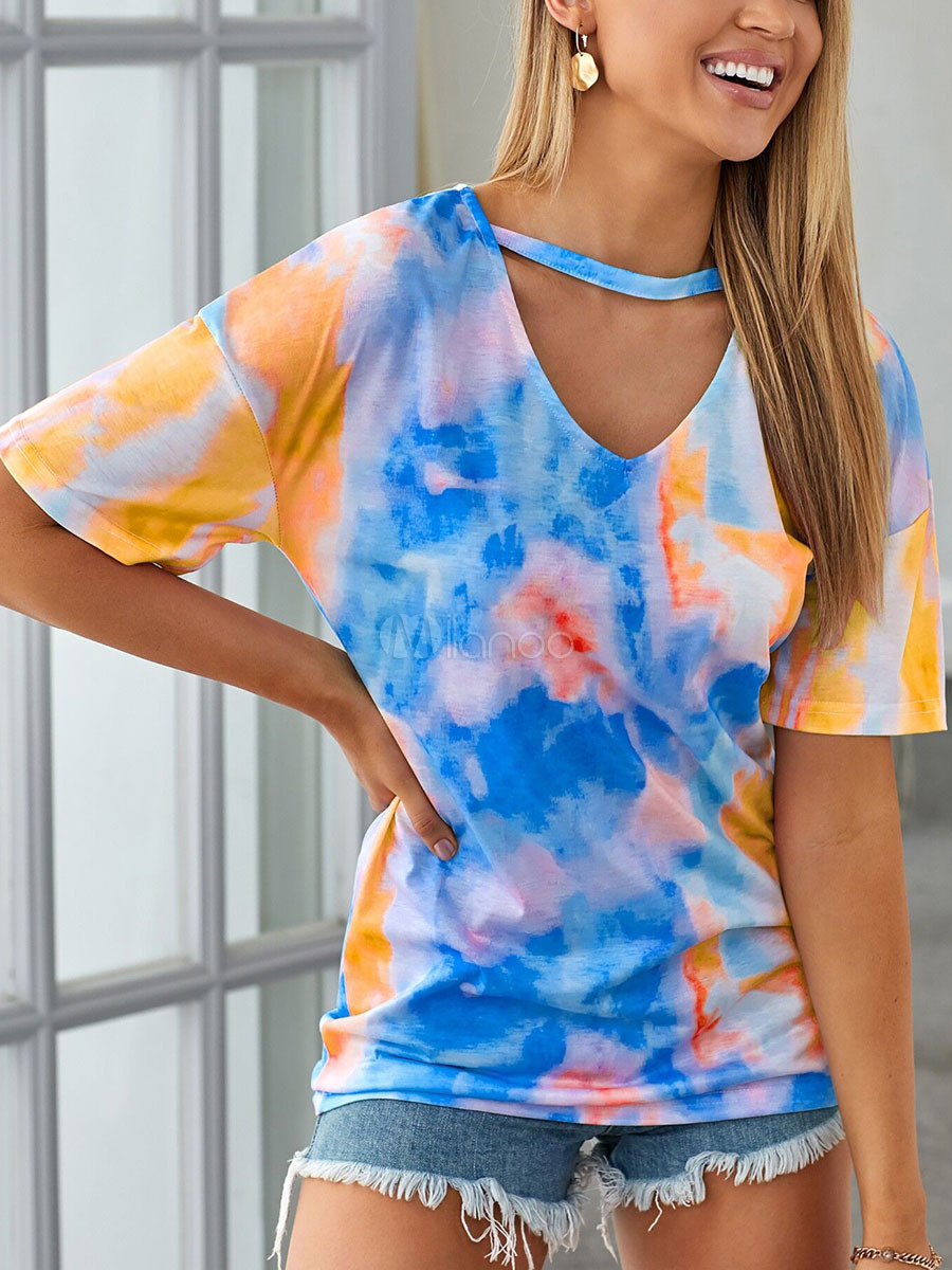 Women T-Shirts Light Sky Blue Tie Dye V-Neck Polyester Casual T Shirt