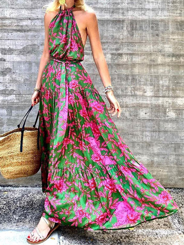 Moda Mujer Vestidos | Vestidos largos Sin mangas Halter verde Vestido de verano de poliéster con estampado floral Vestido largo hasta el suelo - PR15076