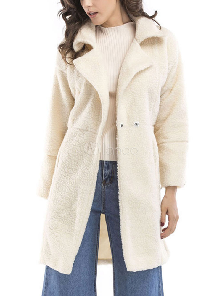 Woman Winter Coat White Turndown Collar Long Sleeve Faux Shearling Coat ...